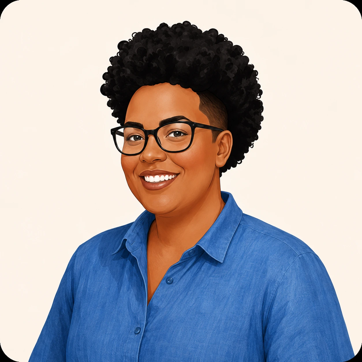 Illustrated portrait of Larna Campbell, smiling, wearing glasses and a blue shirt